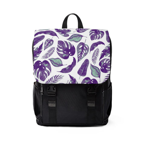 Purple & Mint Tropical Leaves on White - Shoulder Backpack