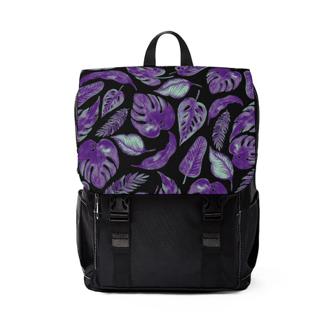 Purple & Mint Tropical Leaves on Black - Shoulder Backpack