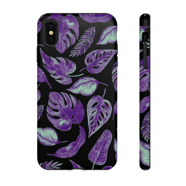 Purple & Mint Tropical Leaves on Black - Tough Case
